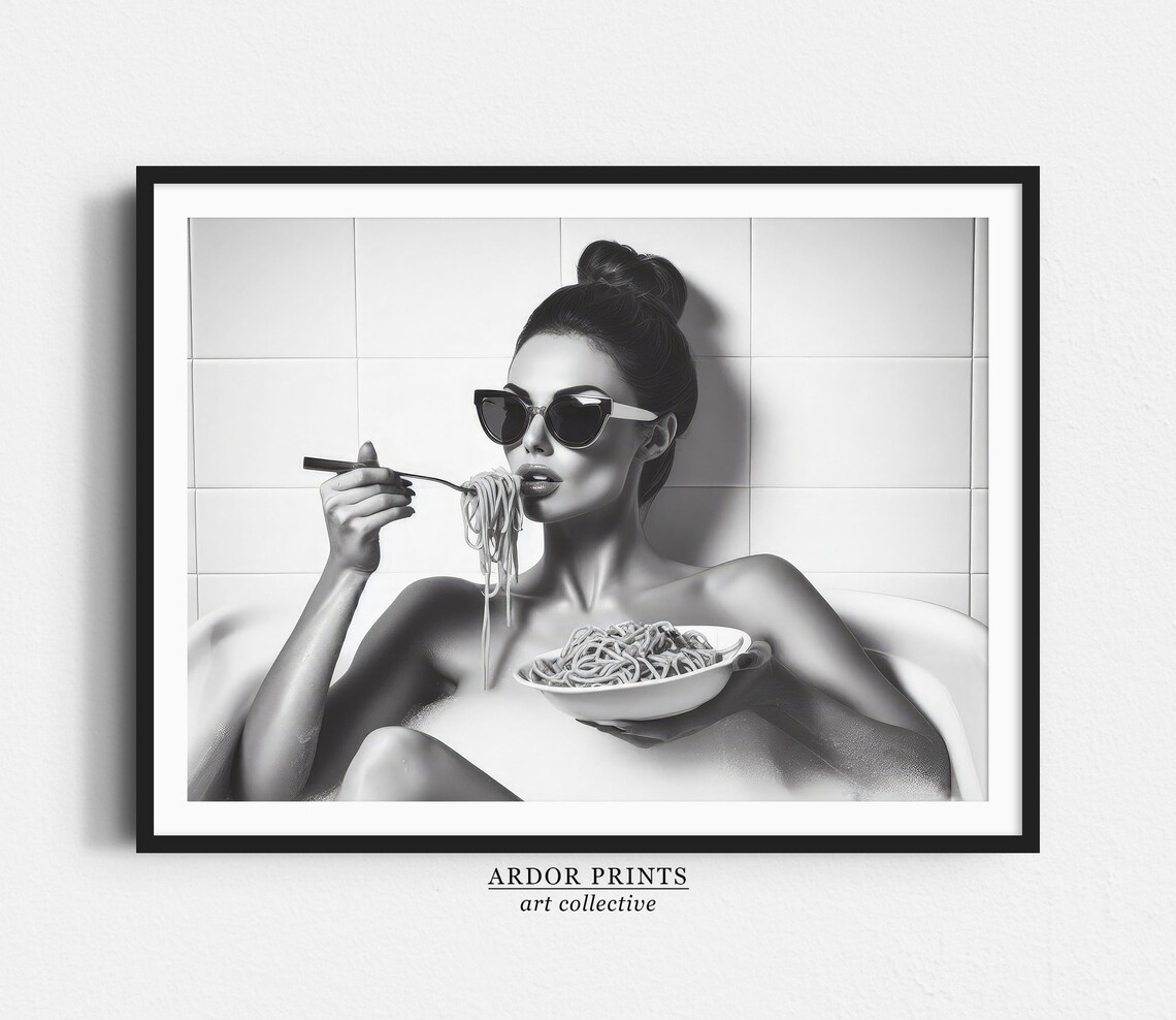 Woman Eating Spaghetti In Bathtub Art Print