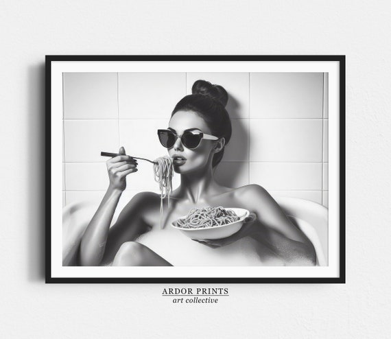 Woman Eating Spaghetti In Bathtub Art Print