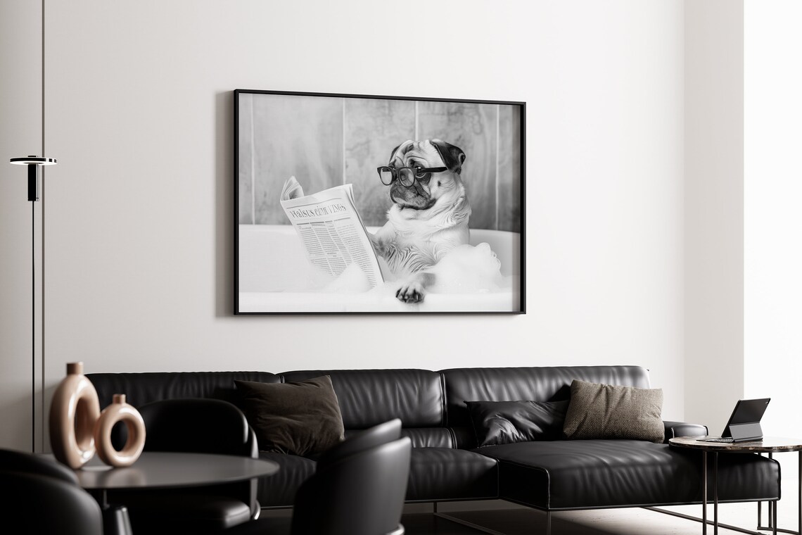 Pug In Bathtub Black And White Funny Bathroom Art Print - Image 4