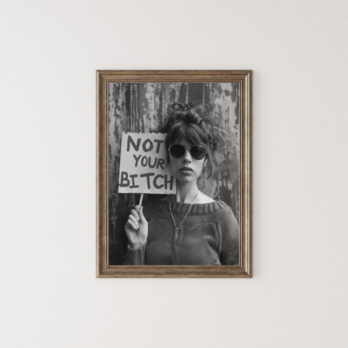 Woman Holding Protest Sign Black and White Feminist Art Poster - Image 2