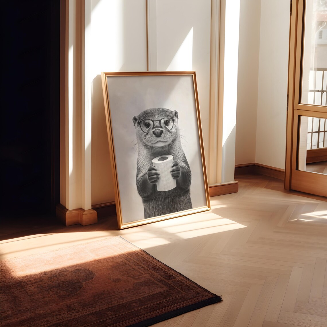 Funny Otter Wearing Glasses Holding Toilet Paper Black White Poster - Image 2