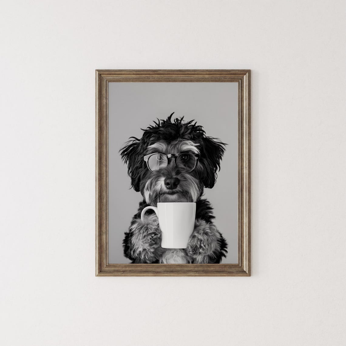 Bernedoodle Wearing Glasses Holding Coffee Cup Funny Dog Poster - Image 2