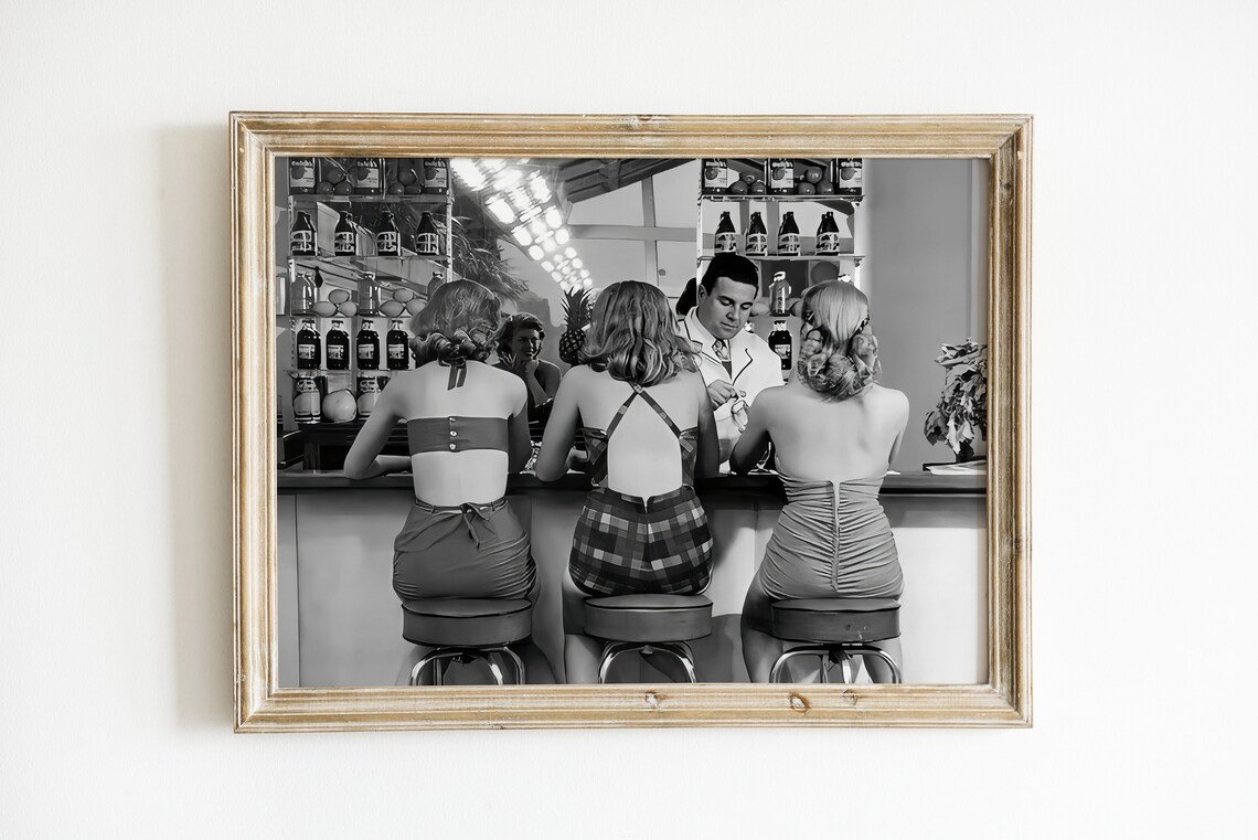 Women Drinking at Bar, Vintage Black and White Art Print - Image 2