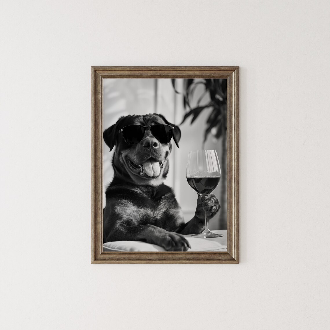 Rottweiler Drinking Wine Black And White Art Print - Image 2