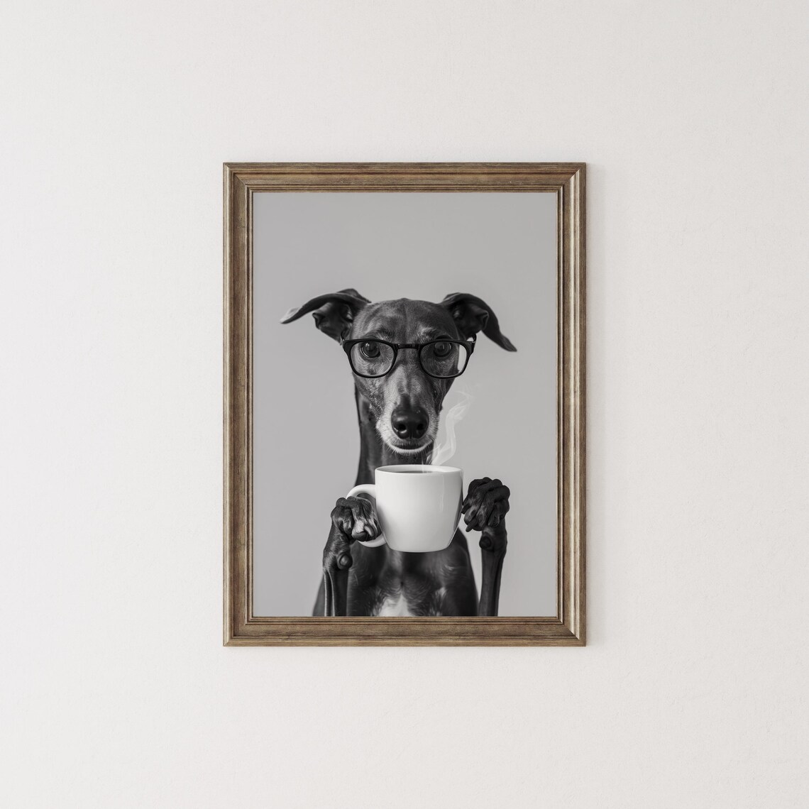 Greyhound Holding Coffee Art Print, Black And White - Image 2