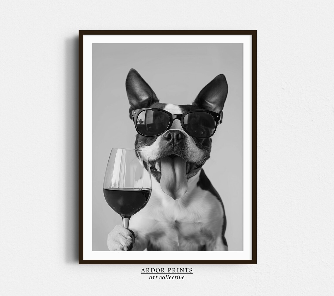 Boston Terrier And Wine Black And White Art Print