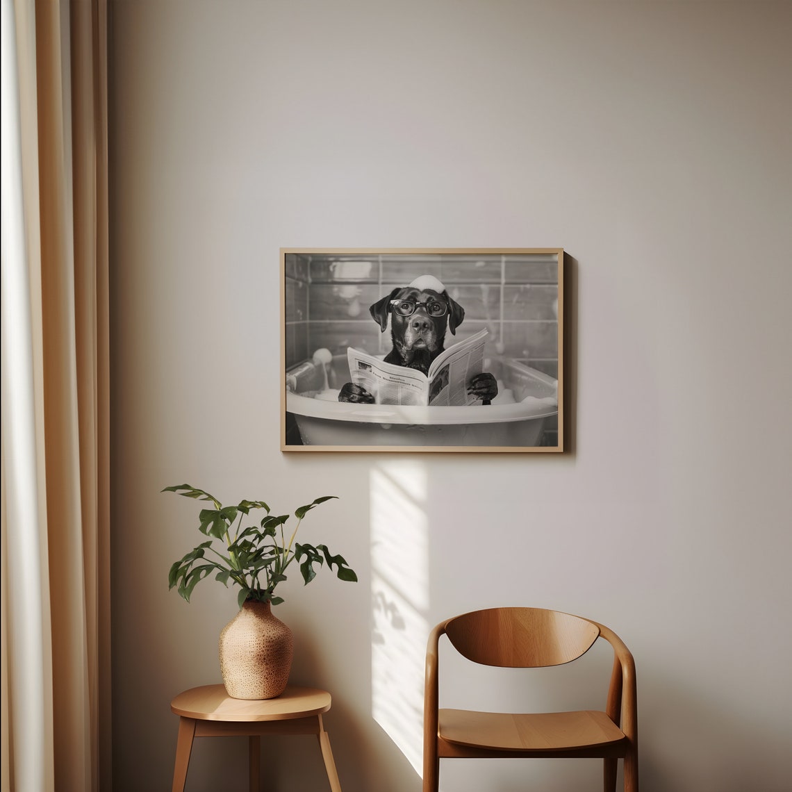 Labrador Reading Newspaper in Bubble Bath Black and White Poster - Image 2