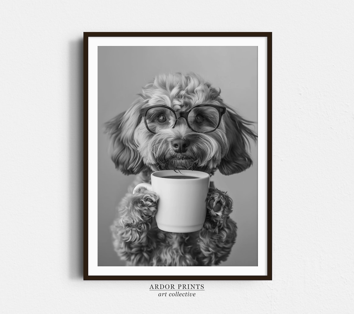 Cavapoo And Coffee Black-And-White Art Print