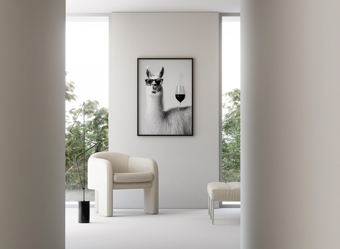 Llama With Red Wine Glass Sunglasses Funny Animal Portrait Print - Image 3