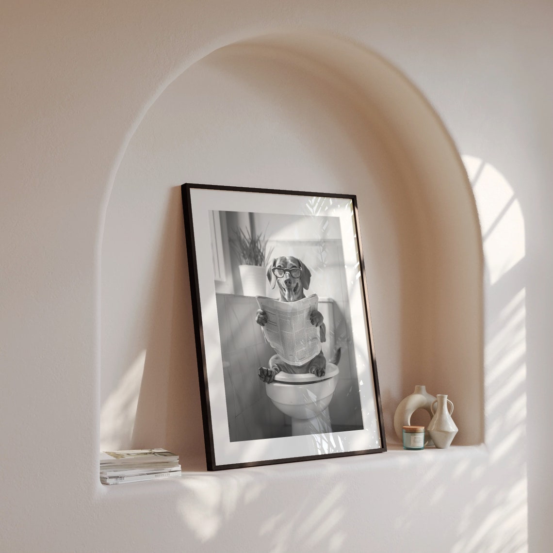 Dachshund Wearing Glasses Reading Newspaper on Toilet Funny Dog Poster - Image 3
