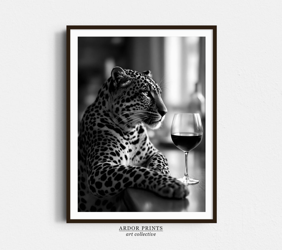 Leopard Resting at Bar Beside Glass of Wine Black White Poster