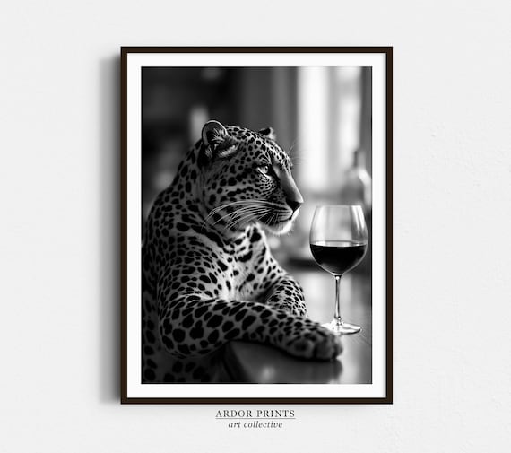 Leopard Resting at Bar Beside Glass of Wine Black White Poster