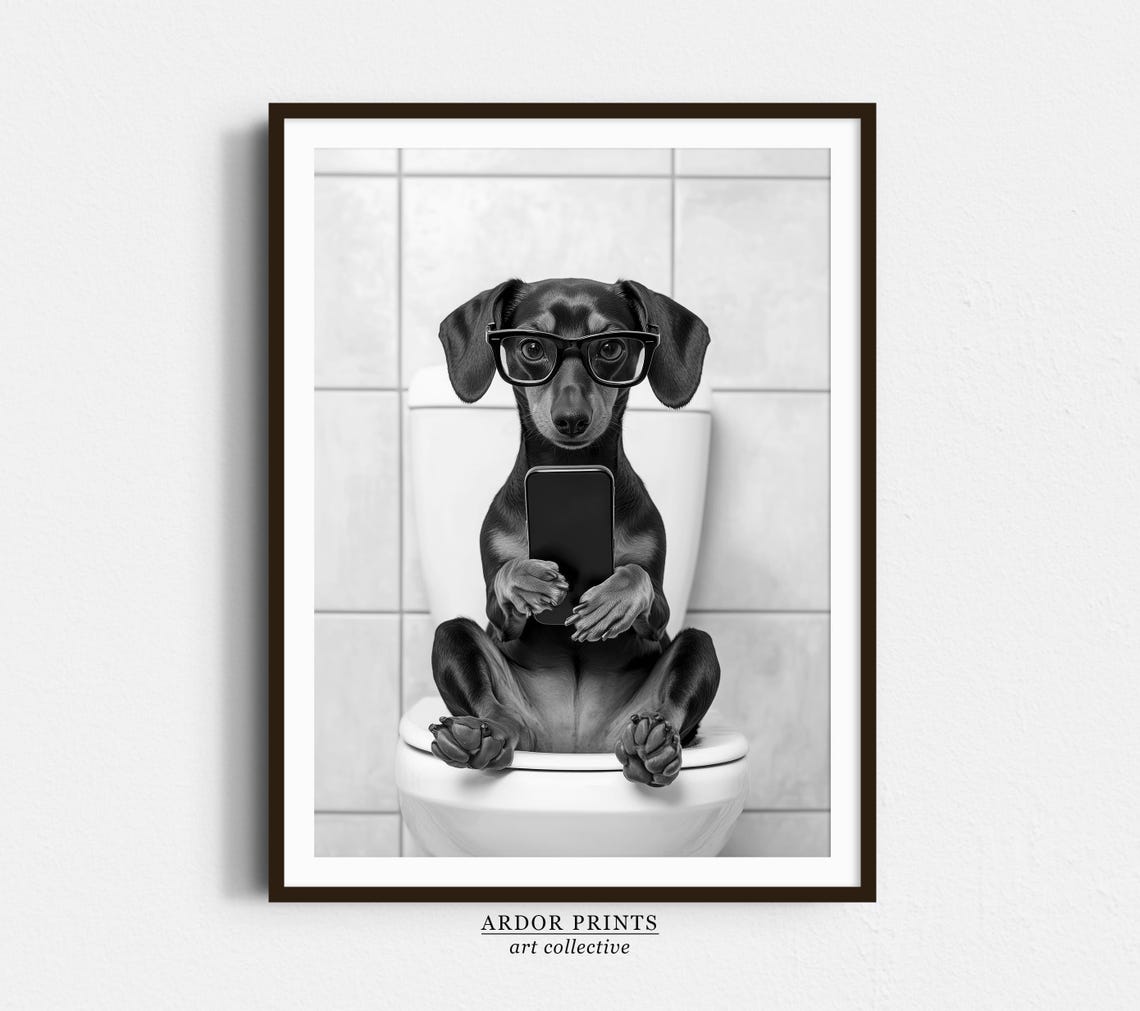Dachshund On Toilet Texting On Phone Wearing Glasses Funny Poster