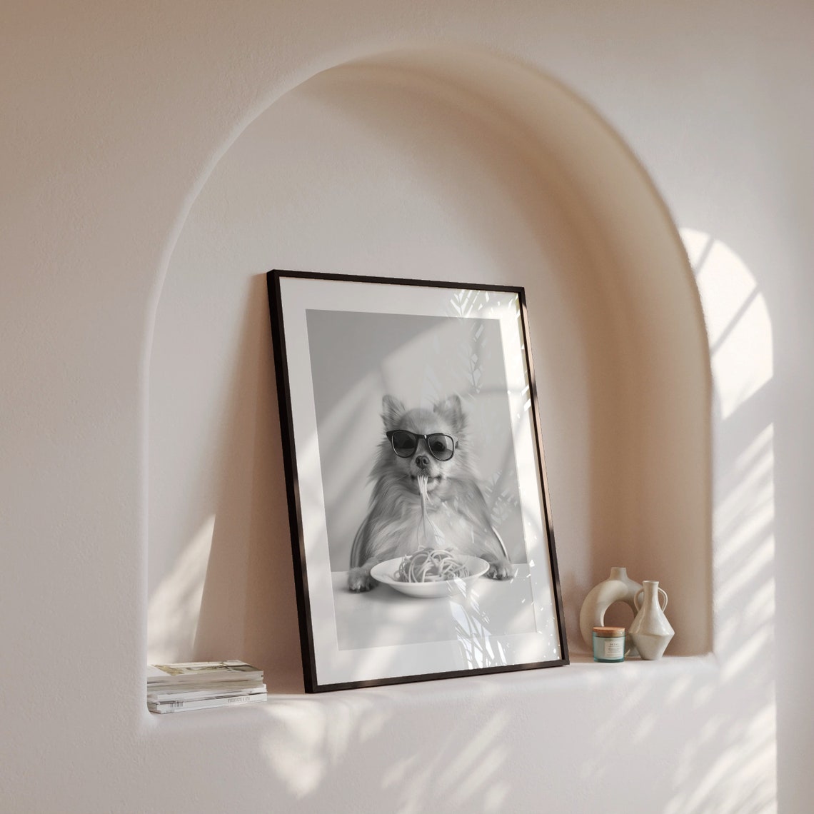 Pomeranian Eating Spaghetti With Sunglasses Black and White Poster - Image 4