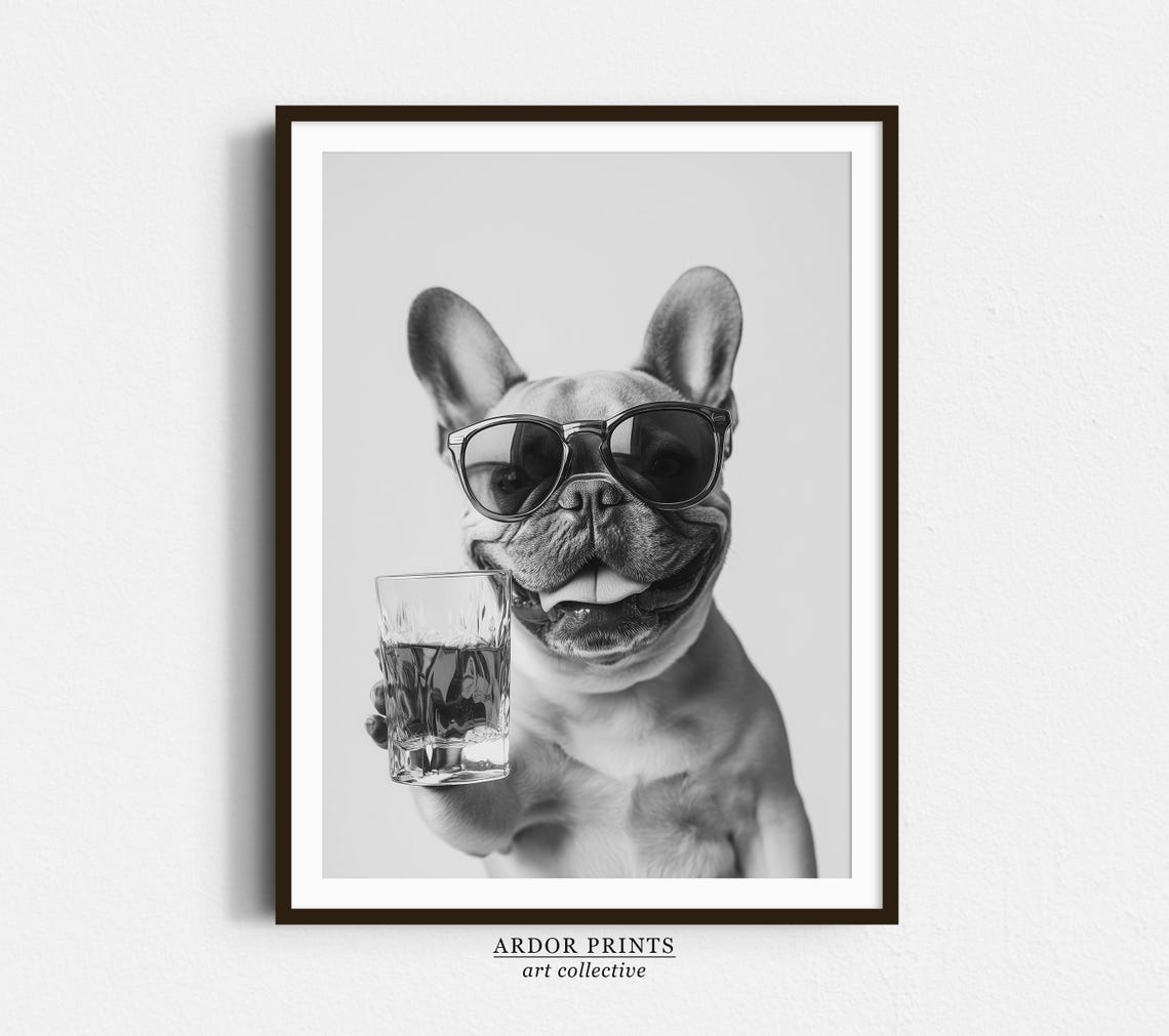 French Bulldog Drinking Whiskey Sunglasses Bourbon Funny Dog Wall Art