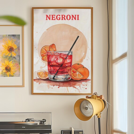 Negroni Watercolor Italian Cocktail Bar Drinks Recipe Poster