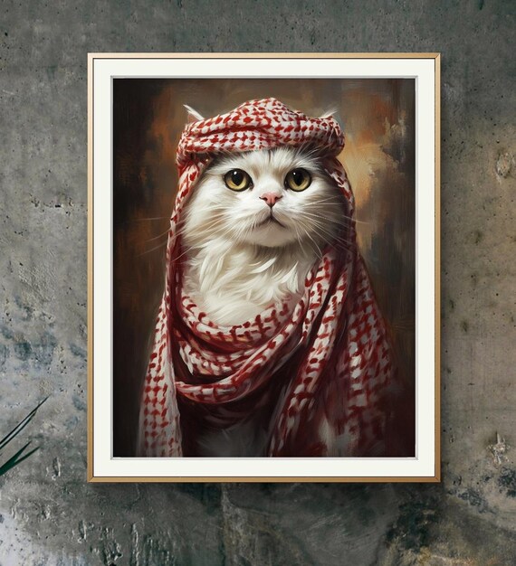 White Cat Red Shemagh Keffiyeh Arabian Style Pet Portrait Poster