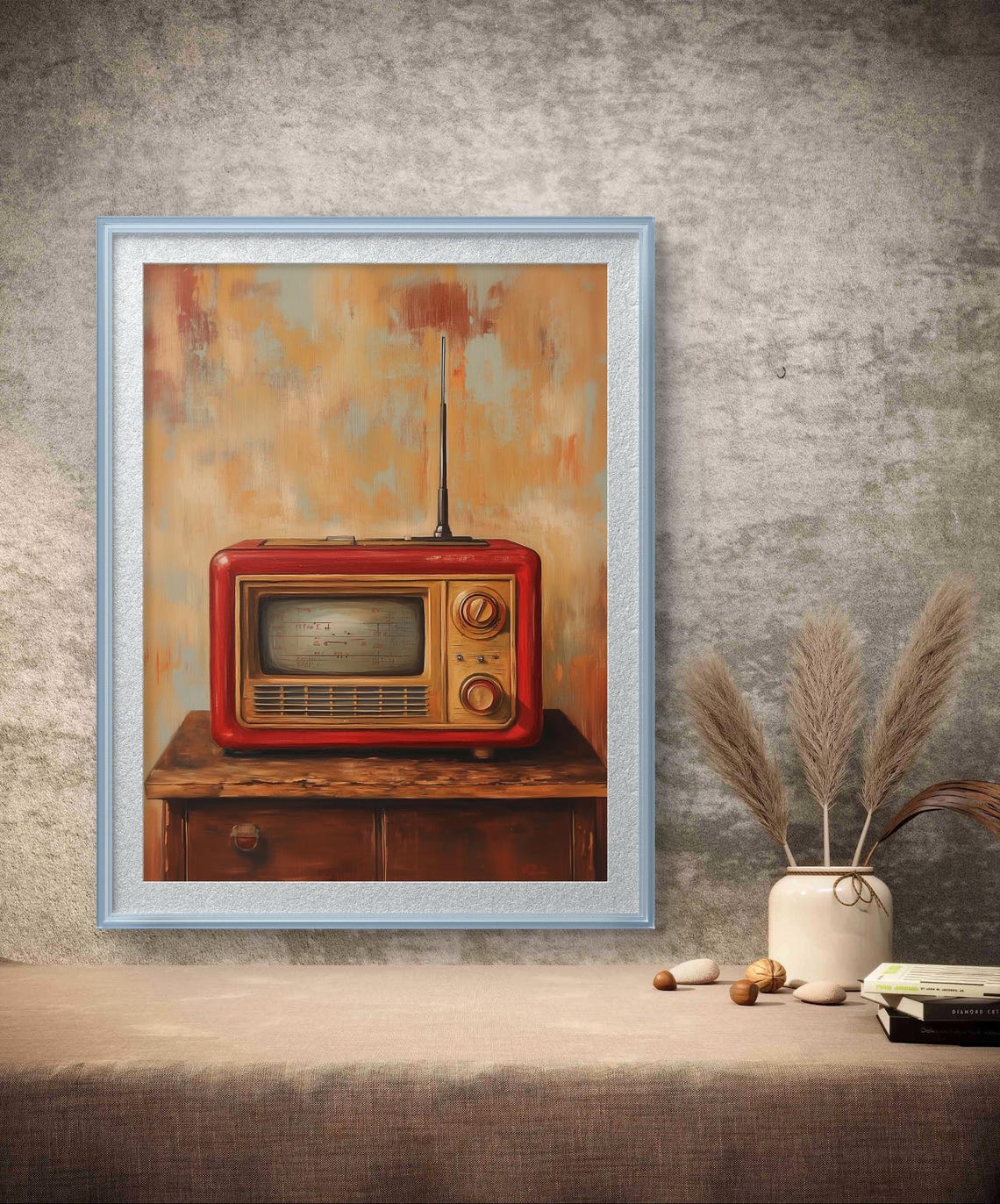 Vintage Red Radio on Wooden Table Retro Still Life Decor Poster