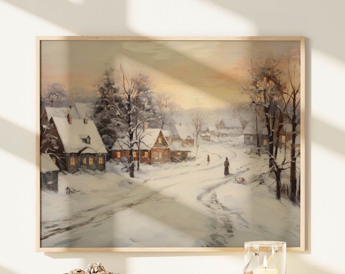 Snowy Village Street Dusk Cottages Vintage Winter Evening Poster - Image 8