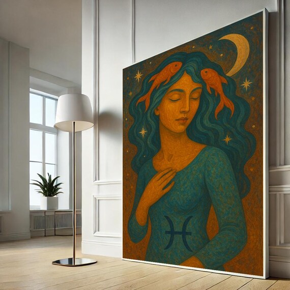 Pisces Zodiac Sign Wall Art Mystical Girl Canvas Print For Astrology Lovers Horoscope Home Decor