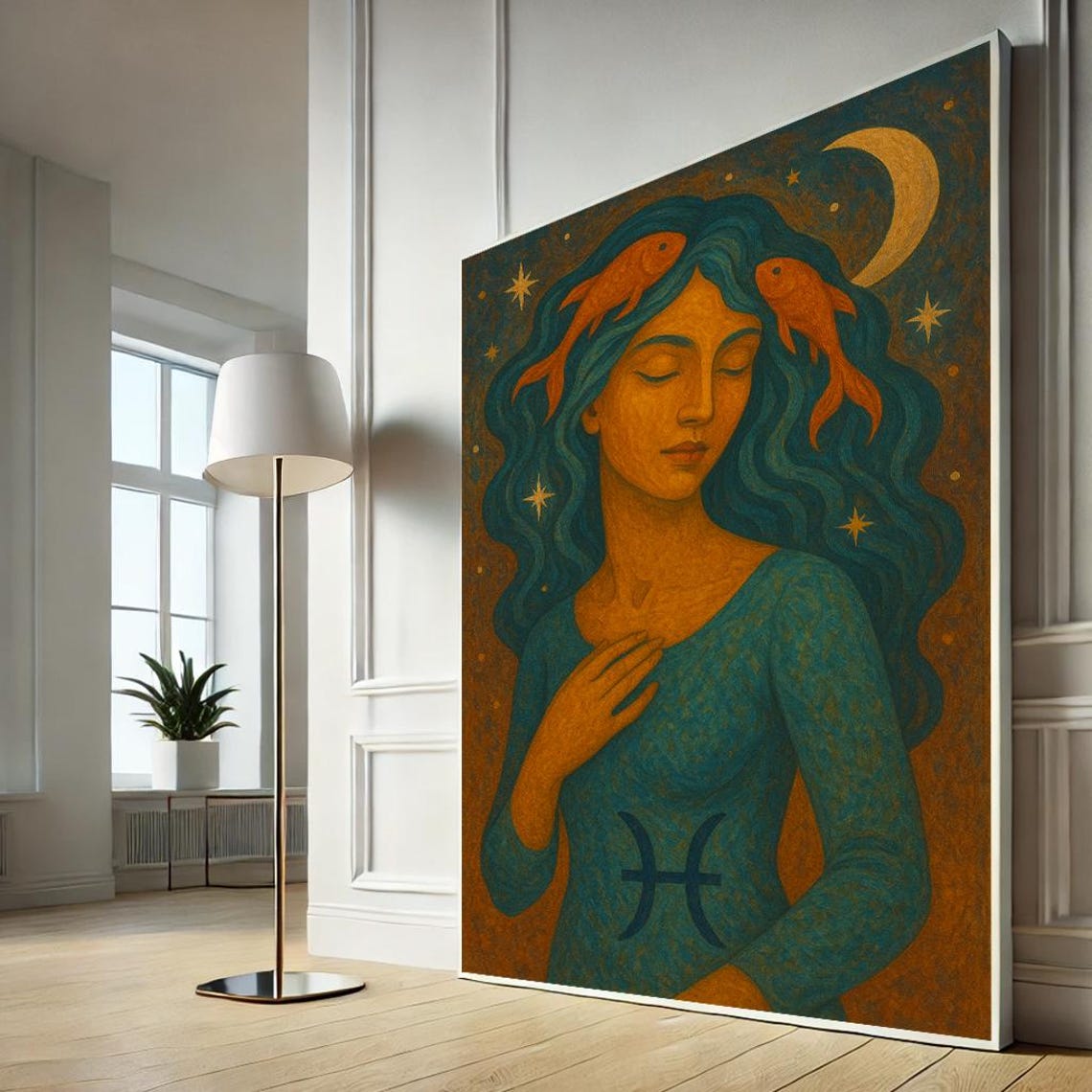 Pisces Zodiac Sign Woman Portrait Mystical Moon Stars Astrology Poster
