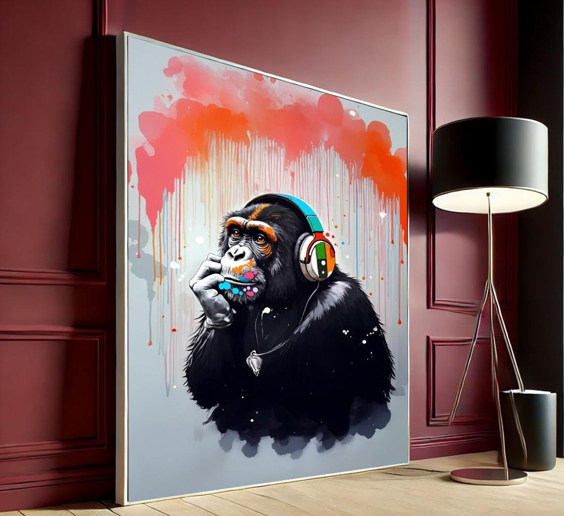 Thinking Monkey Graffiti Canvas Wall Art Colorful Funky Ape Headphone Poster Gift
