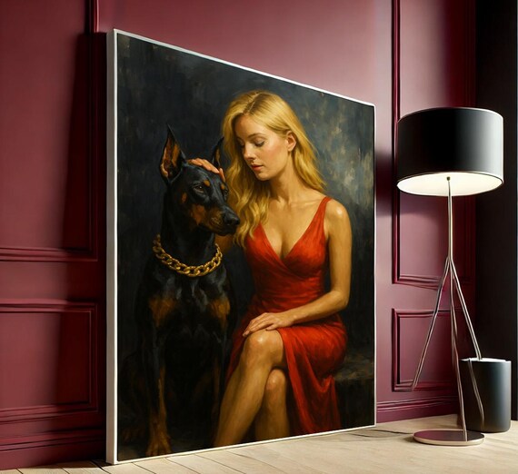 Woman Red Dress With Doberman Dog Elegant Romantic Portrait Art Poster