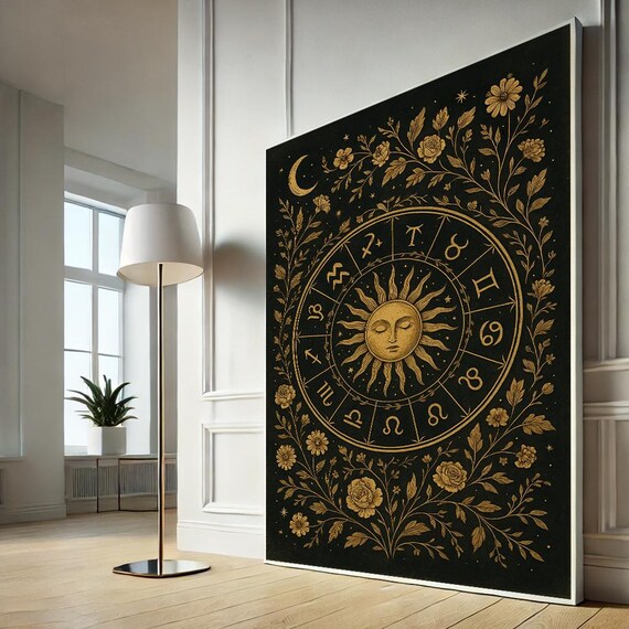 Zodiac Wheel And Sun Symbol Canvas Celestial Astrology Wall Art Print Gold Horoscope Decor For Mystical Homes