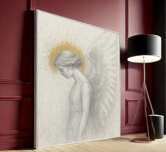 White Angel Gold Halo Soft Pencil Drawing Serene Heavenly Art Poster