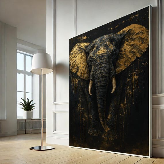 Golden Elephant Canvas Art Luxury Safari Animal Wall Print Black And Gold Wildlife Poster Regal Jungle Decor Ready Hang