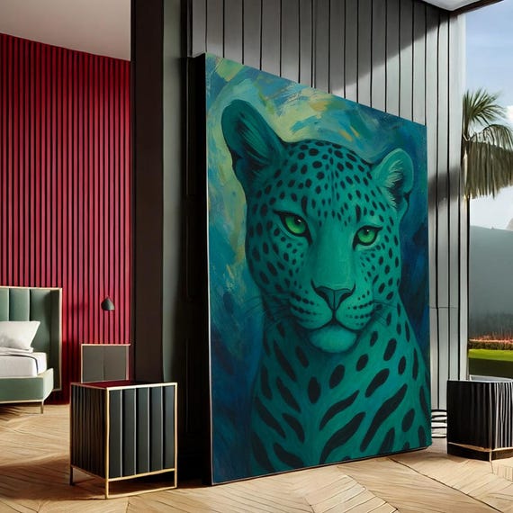 Vibrant Leopard Modern Abstract Canvas Wall Art Print Teal Green Living Room Decor Statement Piece