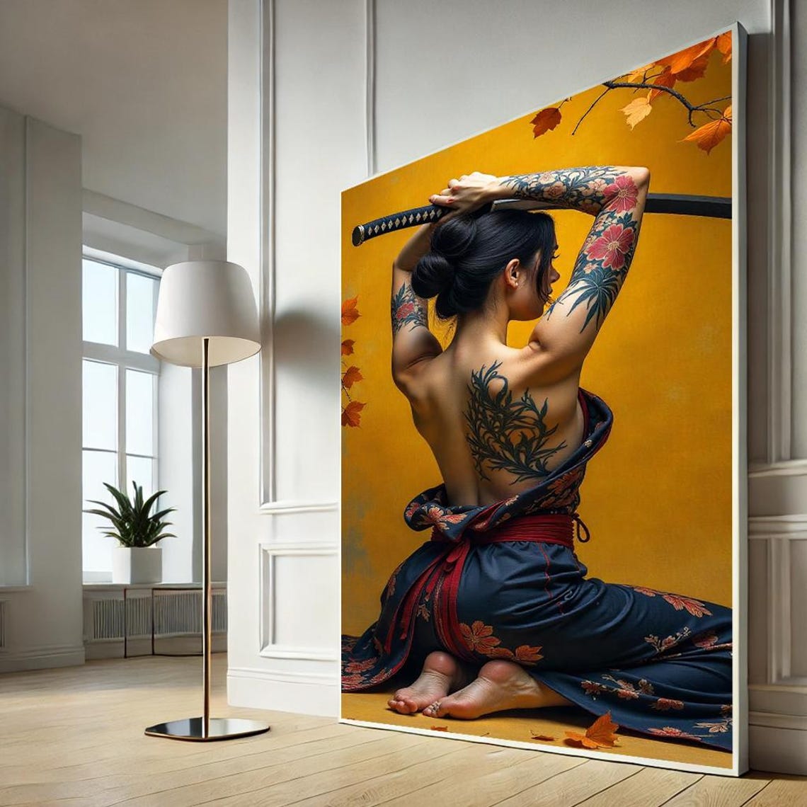 Tattooed Geisha Warrior Katana Autumn Leaves Golden Canvas Wall Art