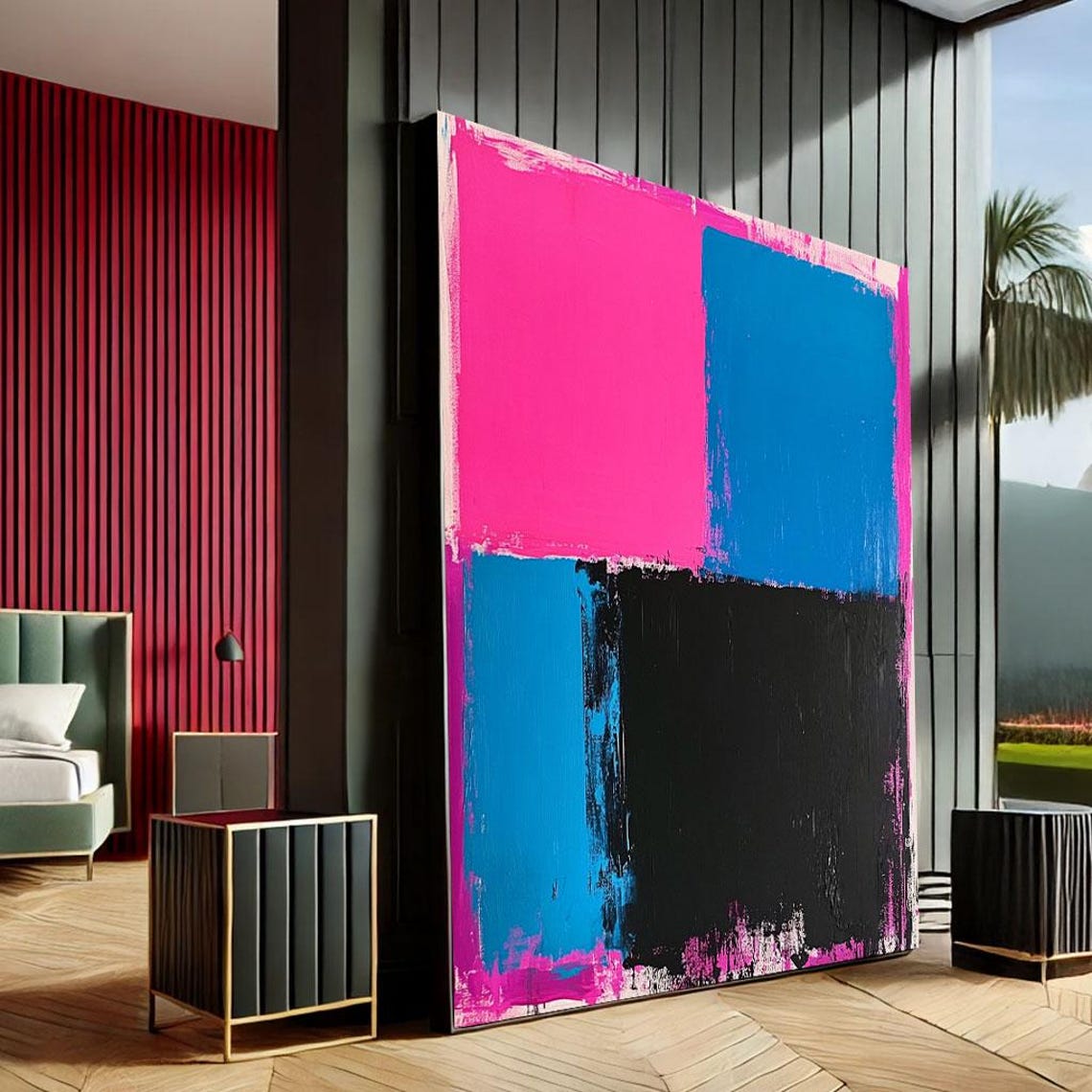 Hot Pink Blue Black Abstract Color Field Modern Canvas Wall Art