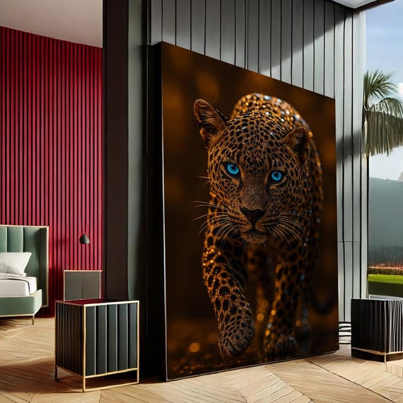 Majestic Leopard Modern Canvas Wall Art Print Brown Blue Living Room Decor Statement Piece