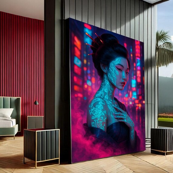 Cyberpunk Geisha Neon Tattoo Futuristic Japanese City Lights Art Poster