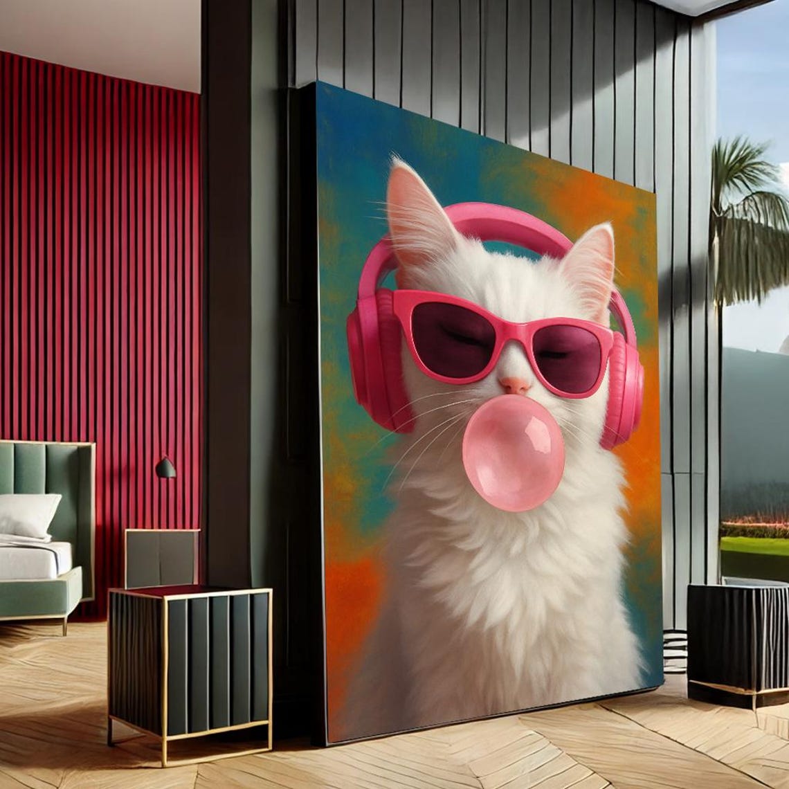 Cool White Cat With Pink Headphones Bubble Gum Pop Art Poster