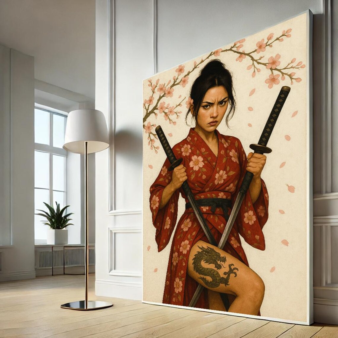 Japanese Samurai Woman Red Kimono Two Katanas Cherry Blossom Art Poster