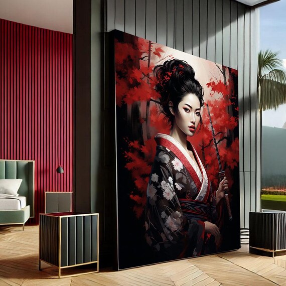 Geisha Floral Kimono Katana Red Maple Leaves Japanese Art Poster