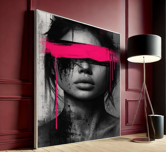 Bold Abstract Woman Portrait Pink Paint Stroke Modern Grunge Wall Art