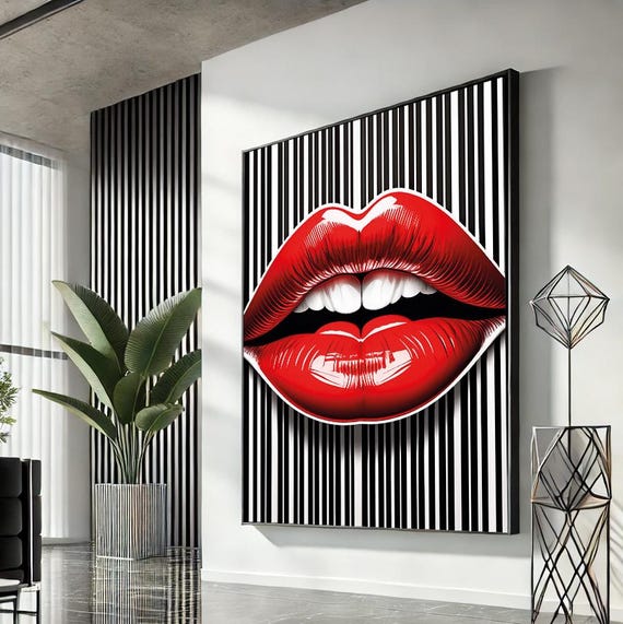 Woman Lips Pop Art Canvas Red Wall Modern Trendy Fashion Artwork Statement Home Accent Unique Gift For Lovers
