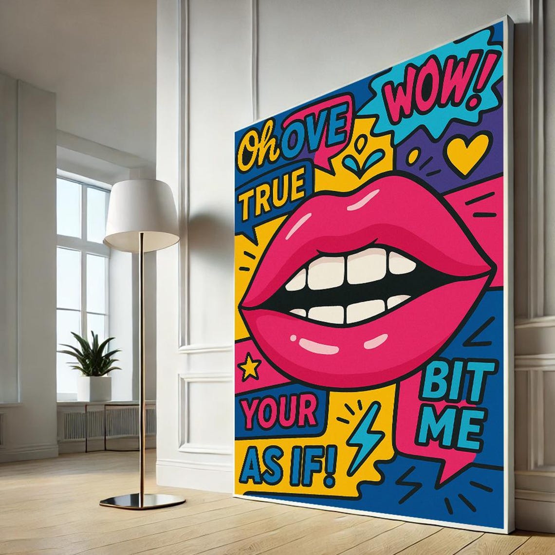 Wow Bit Me Hot Pink Lips Comic Panel Pop Art Funky Teen Poster