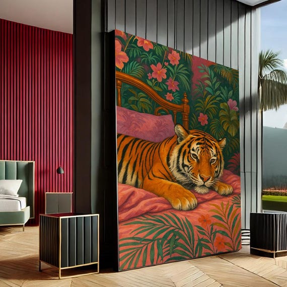 Vibrant Tiger Jungle Modern Canvas Wall Art Print Green Orange Living Room Decor Statement Piece