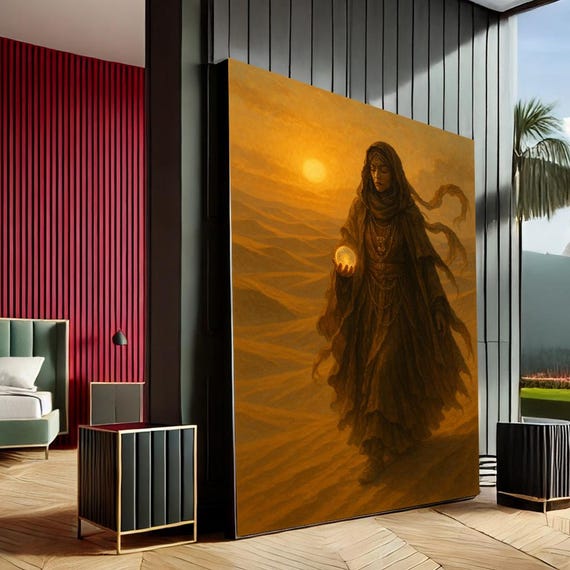 Mystical Woman In Desert Modern Canvas Wall Art Print Warm Amber Bedroom Decor Statement Piece