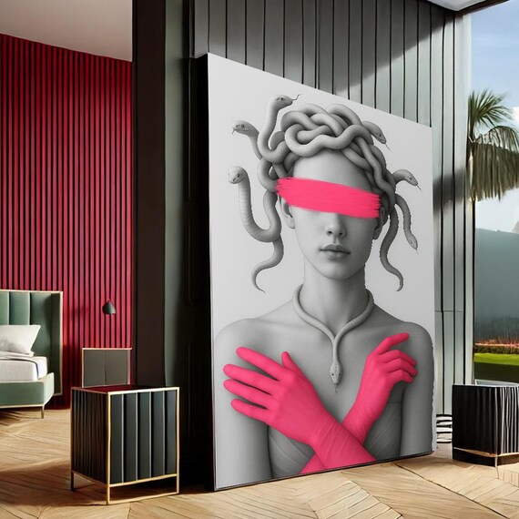 Blindfolded Medusa Pink Gloves Modern Mythology Surreal Canvas Art Poster