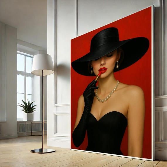 Elegant Woman Lipstick Art Vintage Glamour Canvas Print Red Black Wall Decor Fashion Lady Poster Ready To Hang