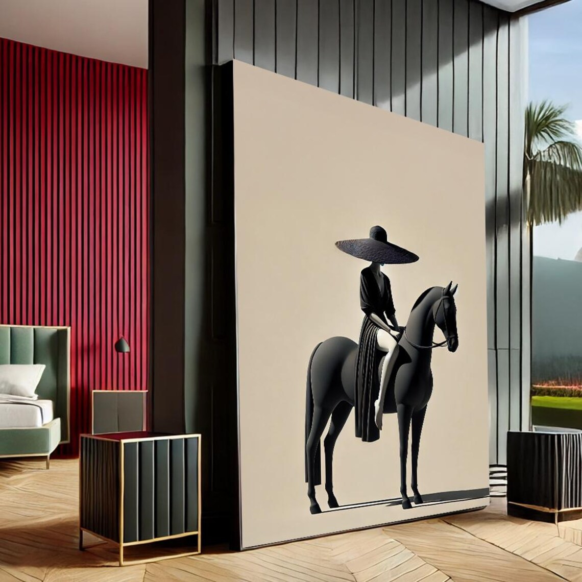 Elegant Woman Riding Horse Minimalist Black And White Art Poster