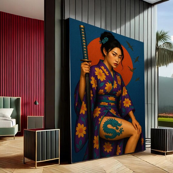 Samurai Woman Katana Purple Kimono Red Sun Japanese Warrior Art Poster