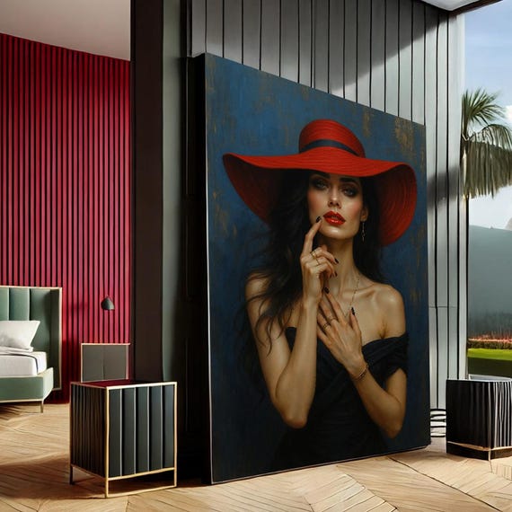 Elegant Woman In Red Hat Modern Portrait Canvas Wall Art Print Navy Crimson Bedroom Decor Statement Piece