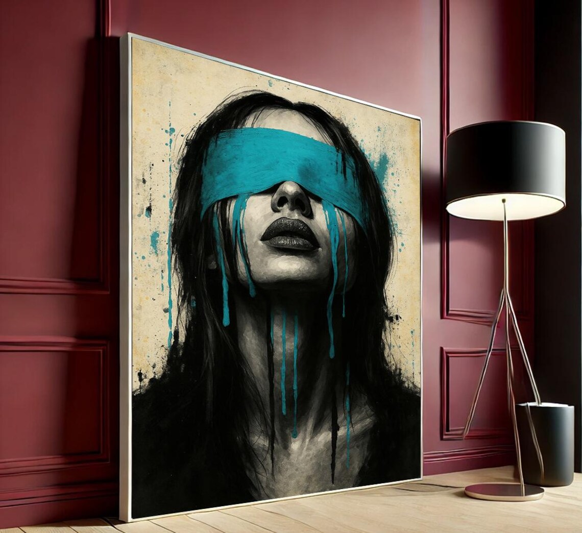 Whimsical Surreal Woman Teal Blindfold Bold Abstract Wall Decor Art Print