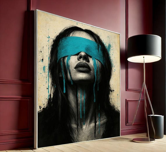 Whimsical Surreal Woman Art Print Bold Teal And Black Canvas Wall Decor For Bedroom Unique Modern Home Accent